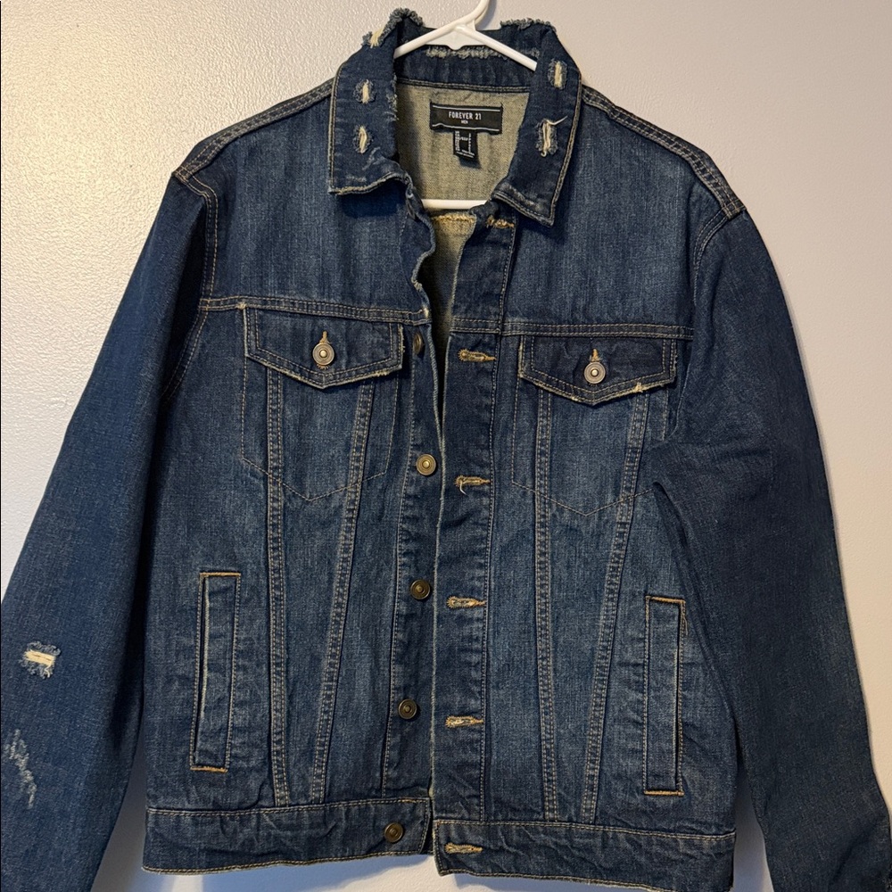 Forever 21 Men's Blue Denim Jacket with Distressed Details
